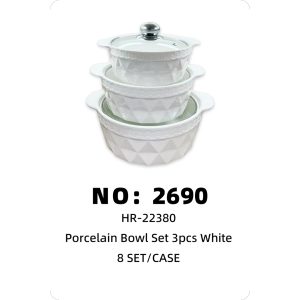 NO: 2690 Ceramic Cookware Set 3 Pieces TG01 Pyramid White 8SET/CASE