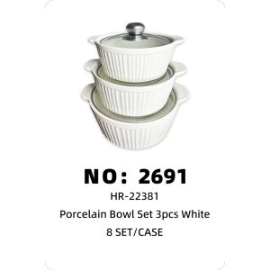 NO: 2691 Ceramic Cookware Set (3 Pieces) TG02 Vertical Stripe White 8 Sets/Cases