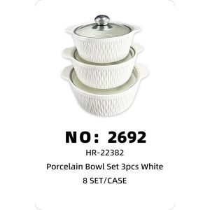 NO: 2692 Ceramic Cookware Set (3 Pieces) TG04, Tengzi Pattern, White, 8 Sets/Case