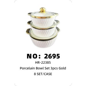 NO: 2695 Ceramic Cookware Set (3 Pieces) TG04-1 Gold Pattern with Tengzi Pattern 8 Sets/Case