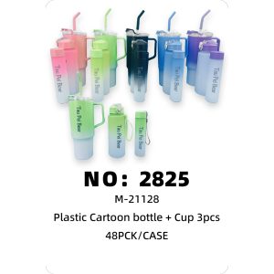 NO: 2825 3pcs Colored Breast-and-Daughter Straw Plastic Water Bottle/Office Cup 48PCK/CASE