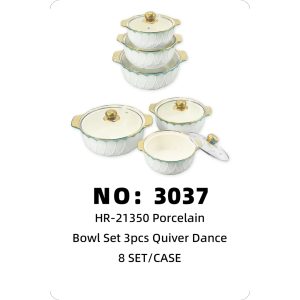 NO: 3037 Gold-plated 3-piece set of double-eared soup bowls with saucer-shaped handles (8 sets/cases)