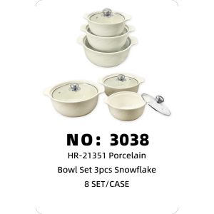 NO: 3038 White 3-piece Snowflake Double-eared Soup Bowl Set (8 sets/cases)