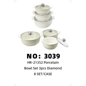 NO: 3039 White 3-piece Diamond Double-Eared Soup Bowl Set (8 SET/CASE)